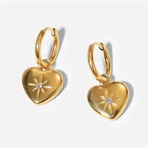 Gold Heart Eight Pointed Zircon Star Hoop Earrings 14K Gold Plated